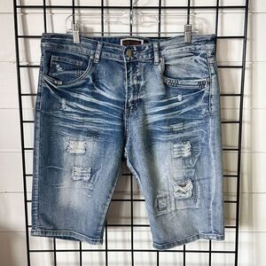 Vintage‎ Riot Empire Jean Shorts Mens 34 Distressed Bleach/Acid Wash Baggy Denim